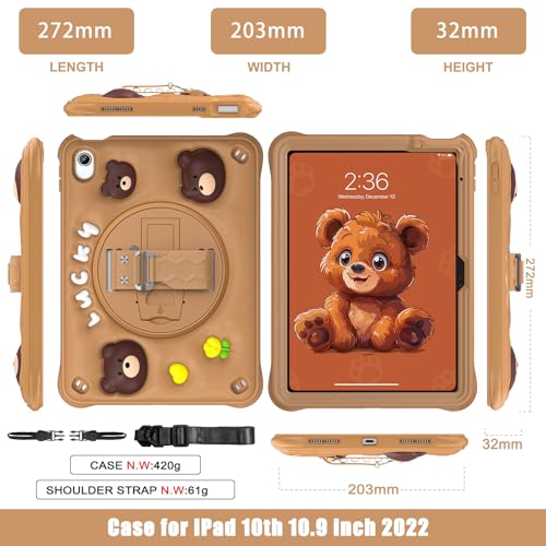ProElite Cover for Apple iPad (A16) 11th/10th Generation (2025/2022) Case Cover, Tough Bubble Kids case Cover for Apple iPad 11th/10th Gen 2025/2022 with Rotating Kickstand & Shoulder Strap, Brown - Image 3