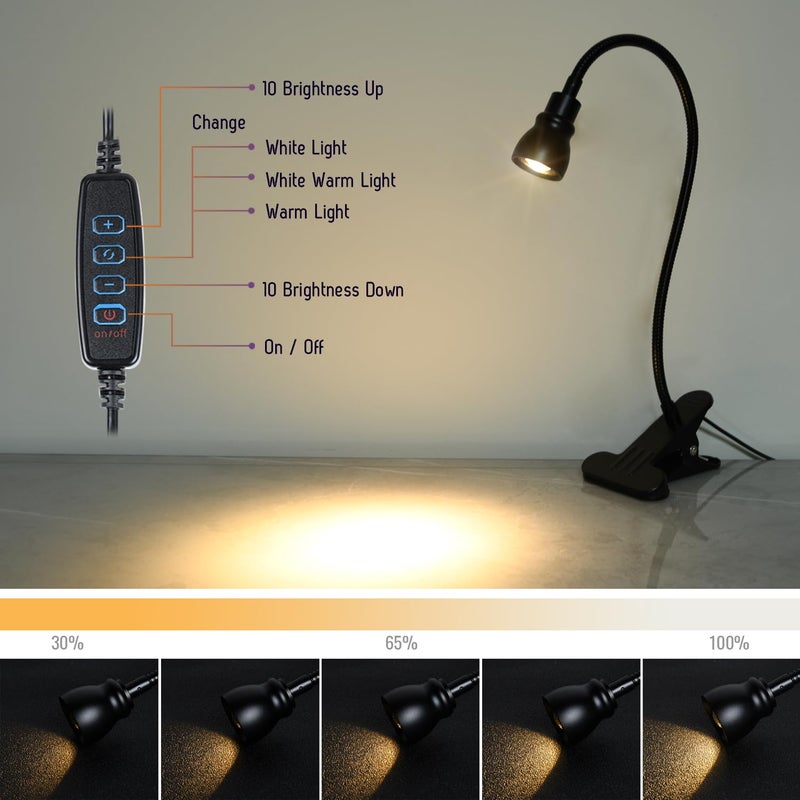 CeSunlight Zoomable Clip on Light, Clamp Reading Light for Dorm Bed Headboard, Dimmable Spotlight with 3 Color Temperature Options, 10 Dimmable Brightness Levels, Adjustable Beam Angle - Image 4