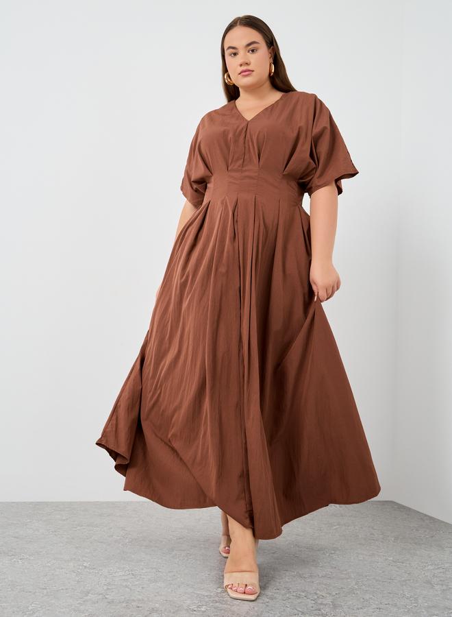 Styli Pleated Brown Midi Dress  - Image 1