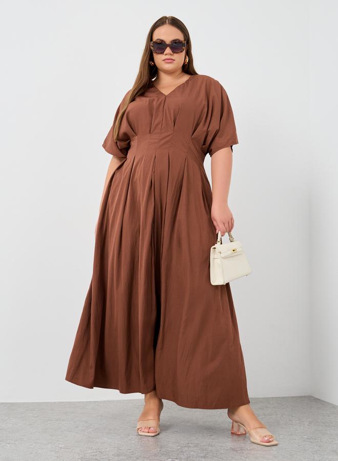 Styli Pleated Brown Midi Dress  - Image 2
