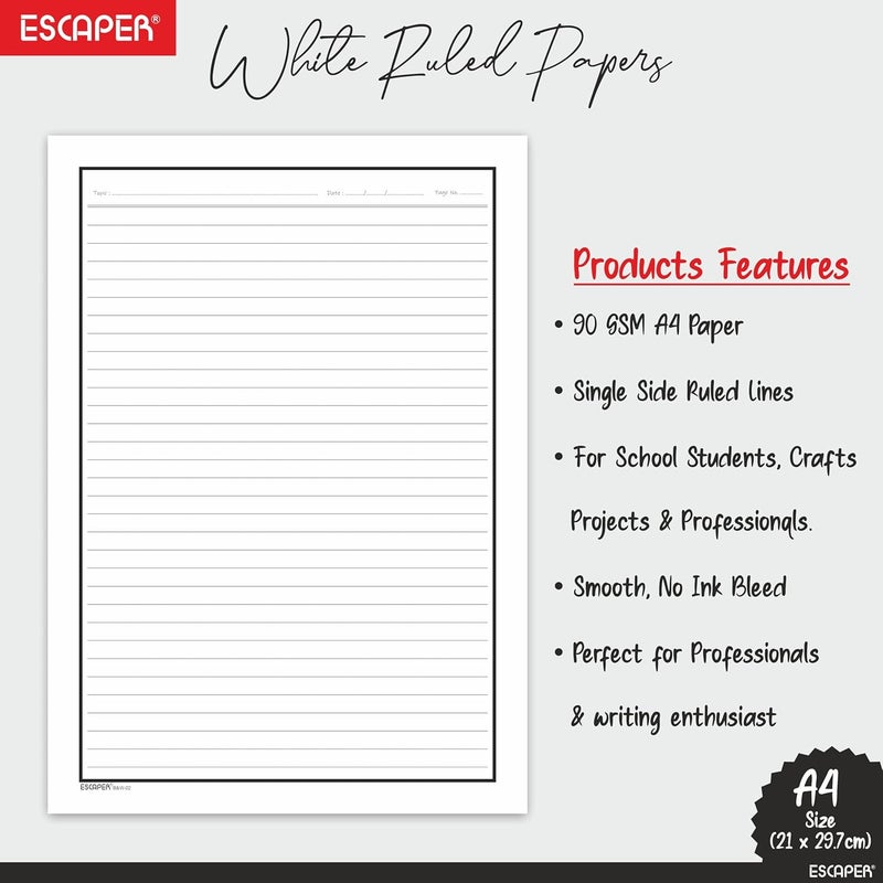 ESCAPER One Side Ruled A4 Sheets with Elegant Borders, 90 GSM White Paper for Writing, Projects, Office & School Use, Border Ruled Paper Sheets for Assignments, Notes & Printing - Image 2