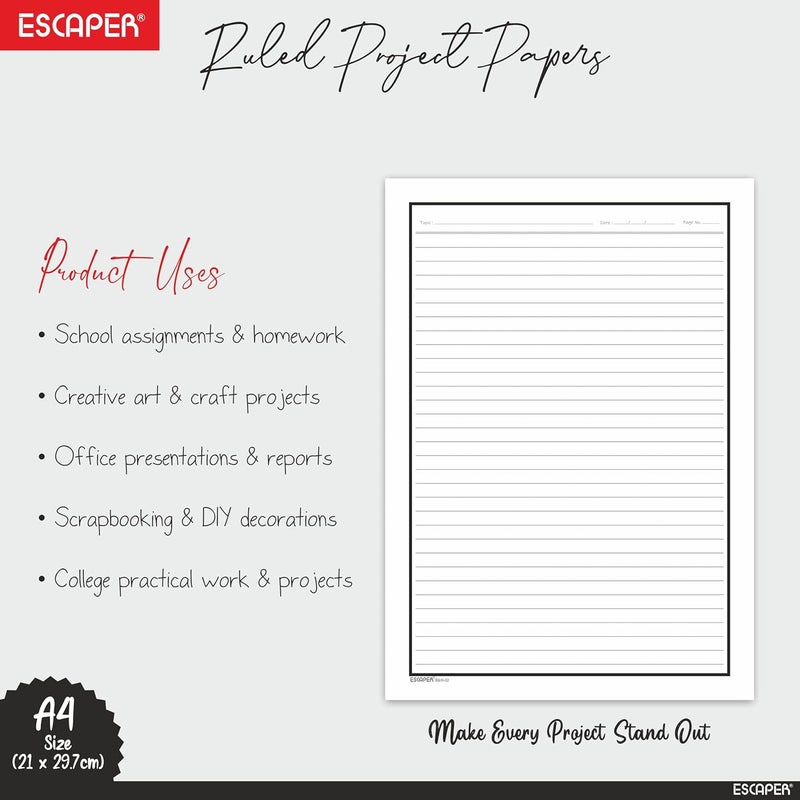 ESCAPER One Side Ruled A4 Sheets with Elegant Borders, 90 GSM White Paper for Writing, Projects, Office & School Use, Border Ruled Paper Sheets for Assignments, Notes & Printing - Image 3