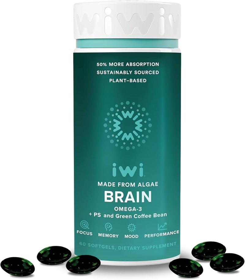 Iwi Life Brain Omega3 60 Softgels 30 Servings Vegan PlantBased Algae Omega3 with EPA  DHA Focus Memory and Mood Support Dietary Supplement Krill  Fish Oil Alternative No Fishy Aftertaste - Image 1