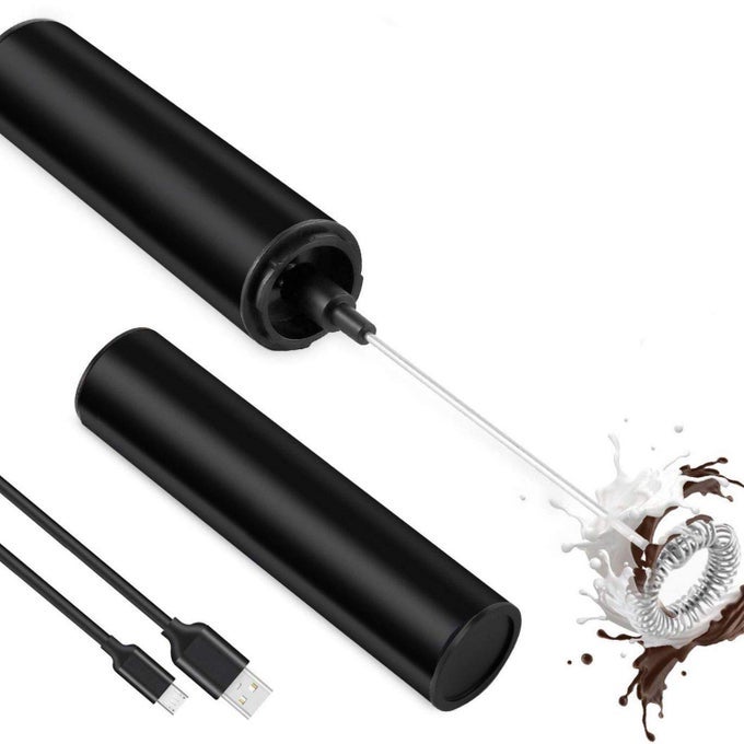 TRAVEL MILK FROTHER HAND HELD ELECTRIC COFFEE BEATER WITH RECHARGEABLE BATTERY USB CHARGING CABLE TRAVEL CASING BLACK