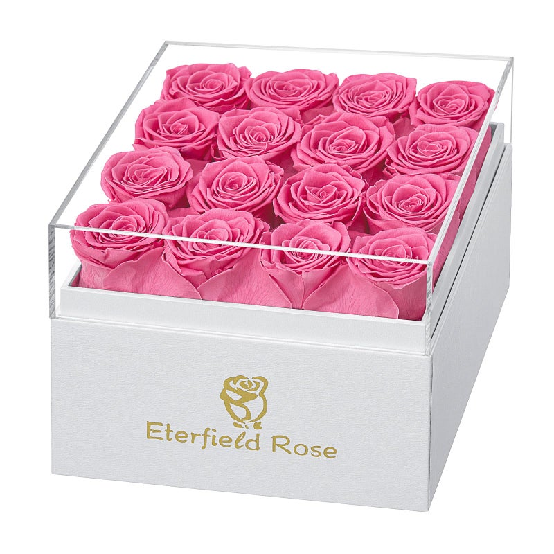 Eterfield Forever Flowers Preserved Roses Real Roses That Last Over a Year Rose Box Gifts for Her Mothers Day Valentines Day Christmas Square White Box 16 Pink Roses