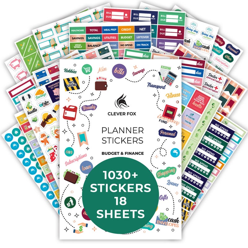Clever Fox Budget Stickers by Clever Fox - 18 Sheets Set of 1030+ Unique Budget Planner Stickers for Your Monthly, Weekly & Daily Planner, Budget Planner, Calendar or Journal, Budget Sticker Book (Budget Pack) - Image 1