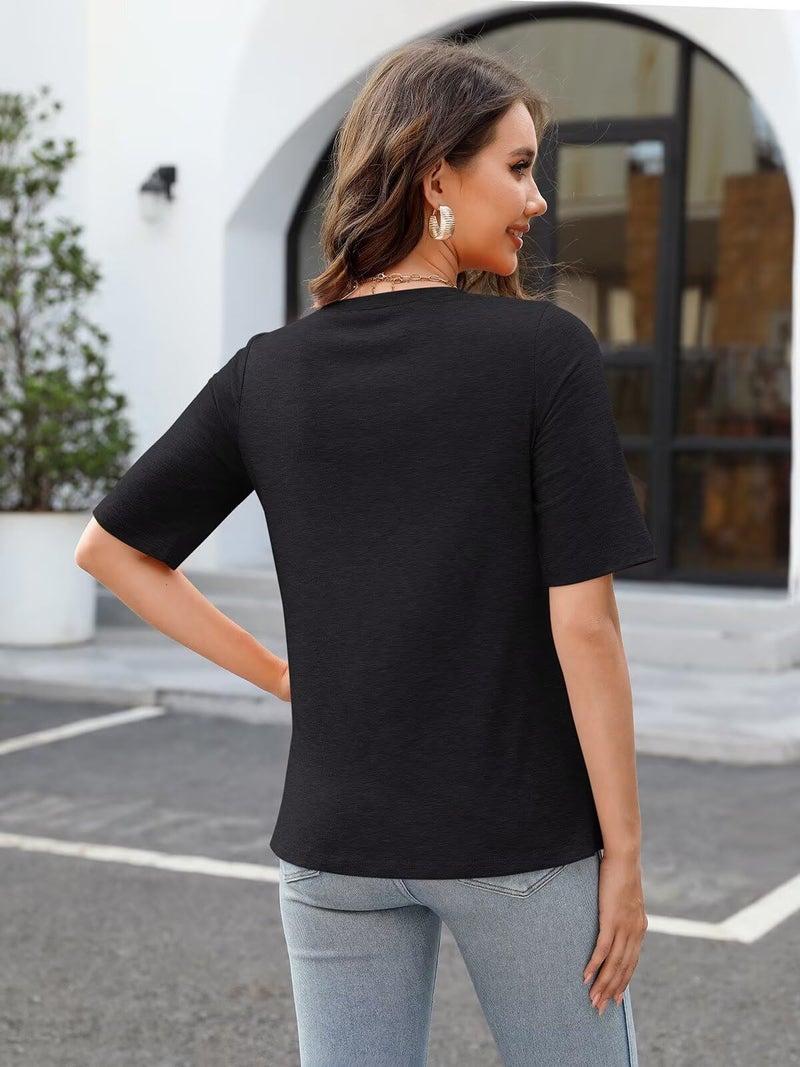 TICTICMISS Women's V Neck T Shirts Half Sleeve Tops Casual Solid Summer Tees Black - Image 4