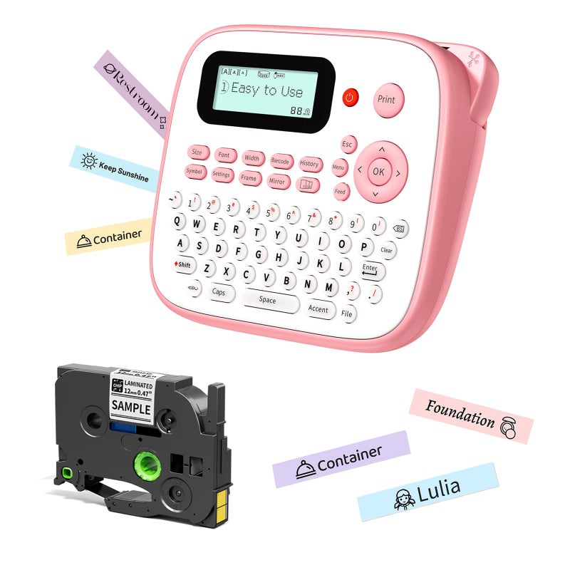 EazeID Pink Label Maker Machine with-Tape, Portable Kids Label Maker, QWERTY Keyboard Labeler Handheld, D210S Easy Labeler with Multiple Fonts Frame Barcode for Home Office School Supplies - Image 1