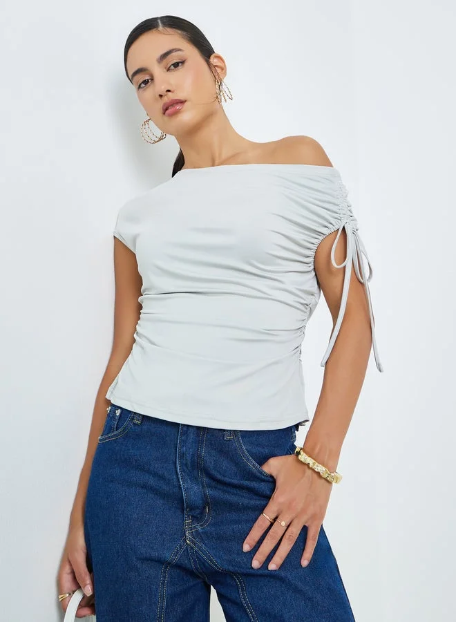 Styli Grey Asymmetrical Shoulder Drawstring Knit Top