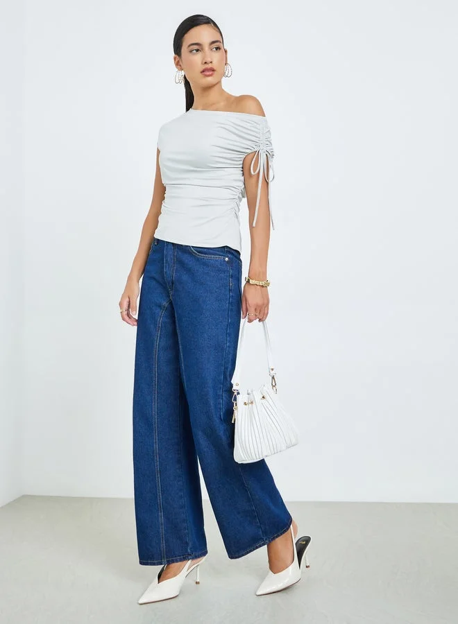 Styli Grey Asymmetrical Shoulder Drawstring Knit Top