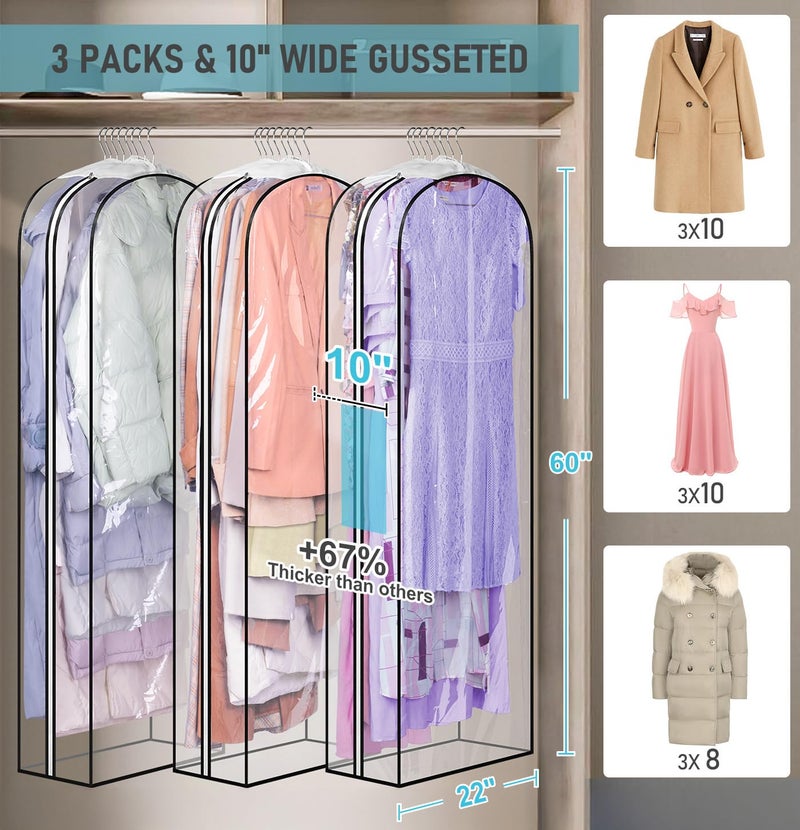 MISSLO 10" Gusseted All Clear Garment Bags for Hanging Clothes 60" Dress Bags for Gowns Long Fur Coat Closet Storage Covers, 3 Packs - Image 2