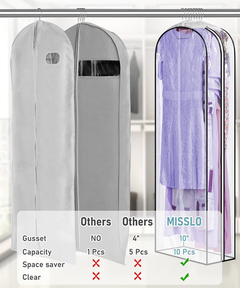 MISSLO 10" Gusseted All Clear Garment Bags for Hanging Clothes 60" Dress Bags for Gowns Long Fur Coat Closet Storage Covers, 3 Packs - Image 3