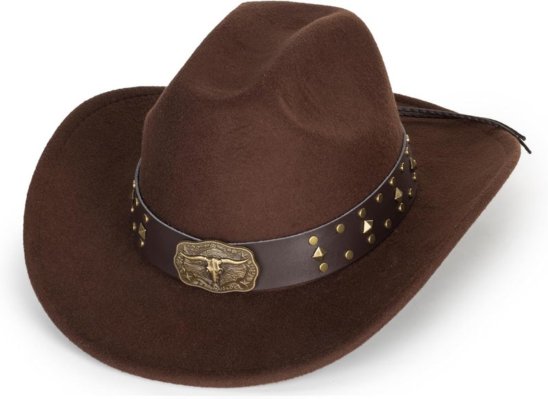 CaySep Classic Western Cowboy Hat for Women and Men Roll Up Wide Brim Felt Fedora Hats Cowgirl Hat with Belt Buckle(M-L) - Image 1