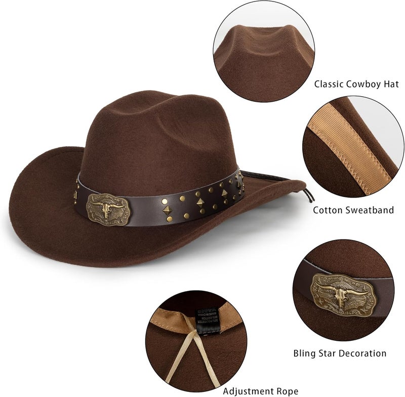 CaySep Classic Western Cowboy Hat for Women and Men Roll Up Wide Brim Felt Fedora Hats Cowgirl Hat with Belt Buckle(M-L) - Image 2