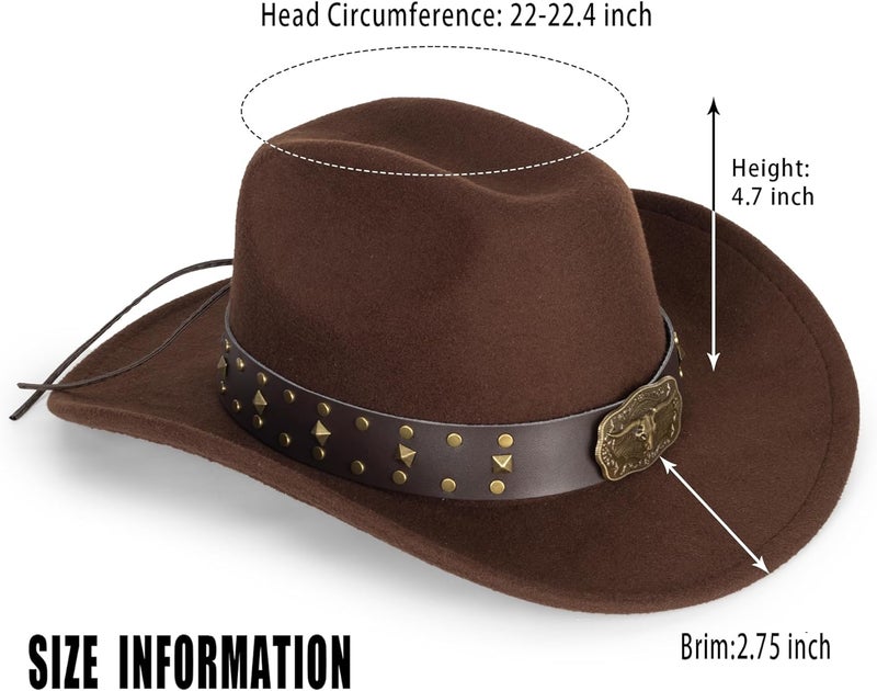 CaySep Classic Western Cowboy Hat for Women and Men Roll Up Wide Brim Felt Fedora Hats Cowgirl Hat with Belt Buckle(M-L) - Image 3
