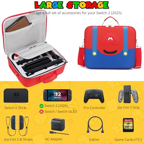 PONYRC Mario Carrying Case for Nintendo Switch 2 (2025), Large All in One Hard Travel Case with Game Card Slots, Portable Full Protection Carry Bag for Switch 2 Console, Pro Controller and Accessories - Image 2