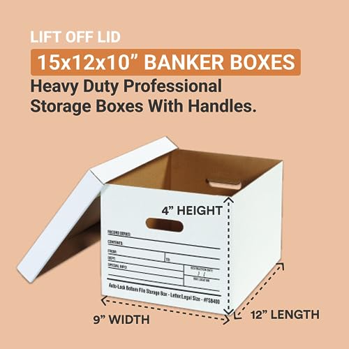 Aviditi File Storage Boxes with Lids 15" L x 12" W x 10" H, Pack of 12 | Letter or Legal Size Files, Cardboard Box with Handles for Bank, Office, Home, Tape Free Assembly, White 15x12x10 - Image 2
