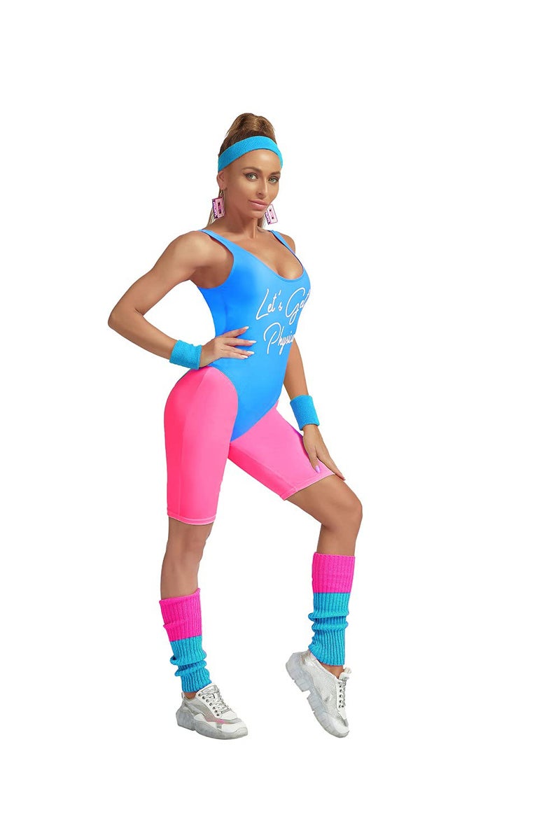 MIAIULIA Womens 80s Workout Costume Outfit 80s Accessories Set Neon Shorts Earring Leg Warmers Headband Wristbands lets get physical Short Blue M - Image 3
