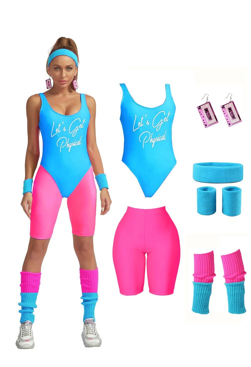 MIAIULIA Womens 80s Workout Costume Outfit 80s Accessories Set Neon Shorts Earring Leg Warmers Headband Wristbands lets get physical Short Blue M - Image 1