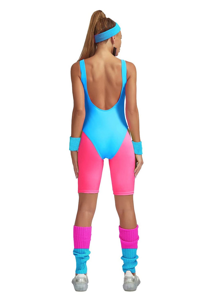 MIAIULIA Womens 80s Workout Costume Outfit 80s Accessories Set Neon Shorts Earring Leg Warmers Headband Wristbands lets get physical Short Blue M - Image 5