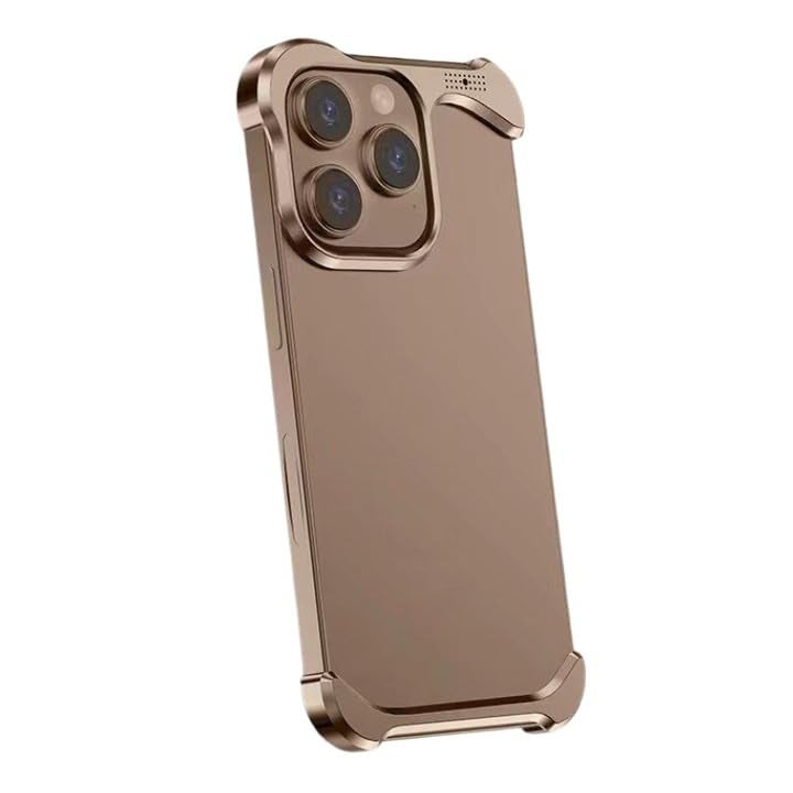 Tech Trendz Luxury Alien Irregular Aluminium Alloy Bumper Metal Corner Pad Anti-Fall Phone Case, Frameless Slim Design Cover for iPhone 16 Pro (Camera Ring Included) (Desert Titanium) - Image 1