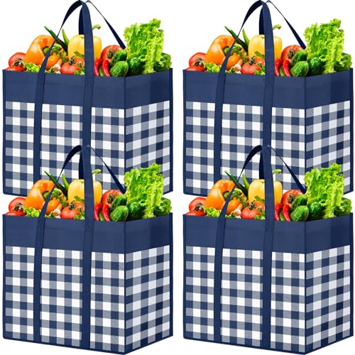 WOWBOX WOWBOX Reusable Grocery Bags4Pack Foldable Reusable Shopping Tote Bags bulk with Reinforced HandlesLarge Storage Bags with Water Resistant Coating for GroceriesMultipurposeBlueWhite 