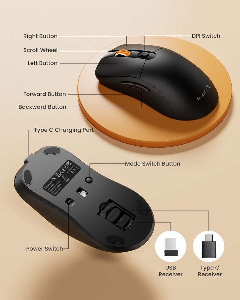 ProtoArc فأرة لاسلكية بلوتوث، فأرة USB C، EM15 فأرة لاسلكية قابلة للشحن محمولة وصغيرة من نوع USB C للابتوب والتابلت والكمبيوتر الشخصي وويندوز وماك أو إس - أسود - Image 5