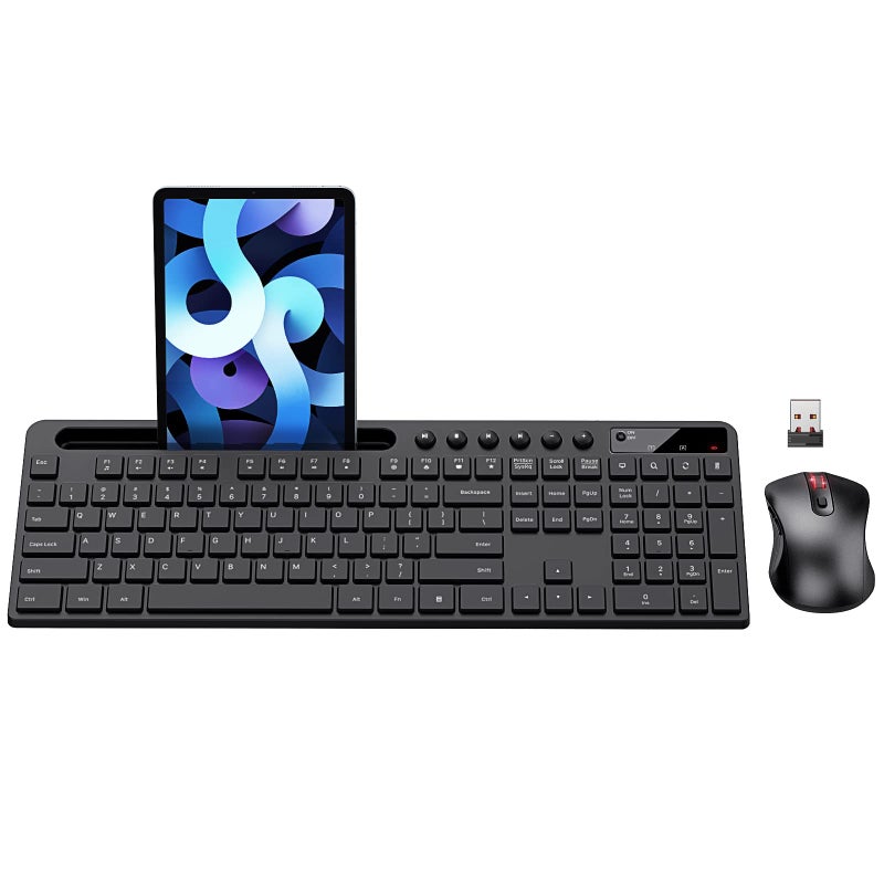 MARVO Wireless Keyboard and Mouse Combo, MARVO 2.4G Ergonomic Wireless Computer Keyboard with Phone Tablet Holder, Silent Mouse with 6 Button, Compatible with MacBook, Windows (Black) - Image 1