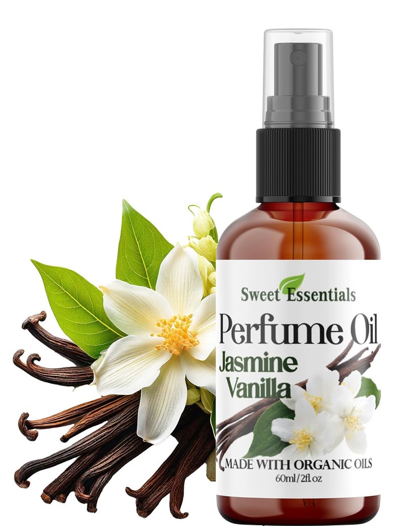 Sweet Essentials JASMINE VANILLA FragrancePerfume Oil Made with Organic Oils 2oz Spray on Perfume Hair Body Oil Alcohol Silicone Preservative Free