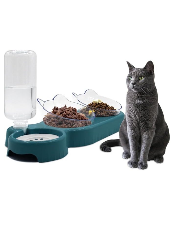 ثلاثة الكلب القط السلطانيات ، 15 ° إمالة 3 في 1 ماء الشرب السلطانيات ، السلطانيات القط الغذاء المزدوج ، مع التلقائي زجاجة المياه السلطانيات ، انفصال القط الرطب والجاف الغذاء السلطانيات تناسب القطط والجراء ( البحرية الأزرق ) - Image 1