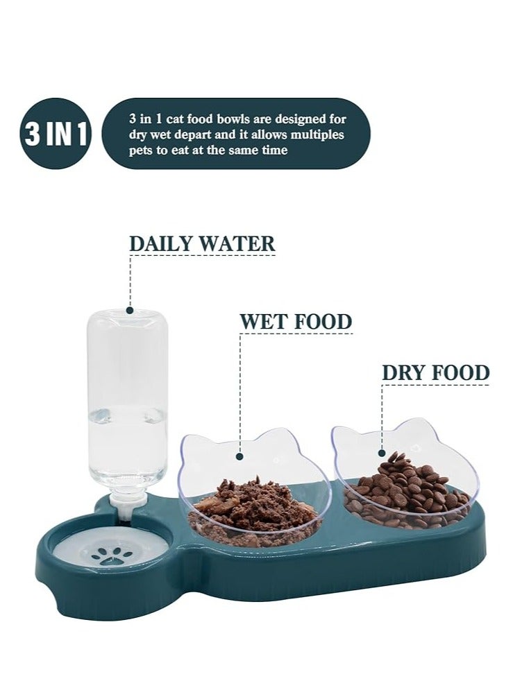 ثلاثة الكلب القط السلطانيات ، 15 ° إمالة 3 في 1 ماء الشرب السلطانيات ، السلطانيات القط الغذاء المزدوج ، مع التلقائي زجاجة المياه السلطانيات ، انفصال القط الرطب والجاف الغذاء السلطانيات تناسب القطط والجراء ( البحرية الأزرق ) - Image 2