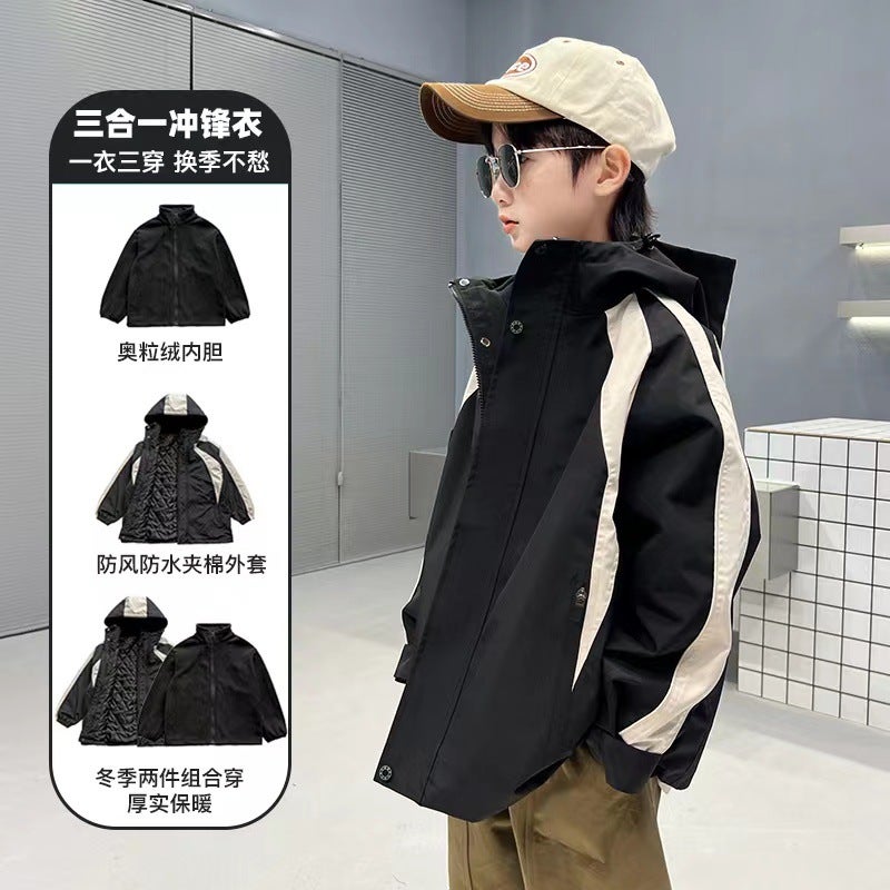 Boys' Three-In-One Jacket, Big Kids' Windproof And Waterproof Winter Jacket, Children'S Winter Detachable Coat, Trendy - Image 4