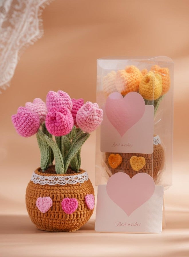 FONYICK Thank You Gifts for Teachers Crochet Tulips Flower Pot - Handmade Large Crochet Flowers for Women, Graduation End of Year Appreciation Gifts, Positive Tulip Flower Gift for Boss Manager, Pink - Image 4