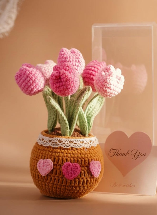FONYICK Thank You Gifts for Teachers Crochet Tulips Flower Pot - Handmade Large Crochet Flowers for Women, Graduation End of Year Appreciation Gifts, Positive Tulip Flower Gift for Boss Manager, Pink - Image 1