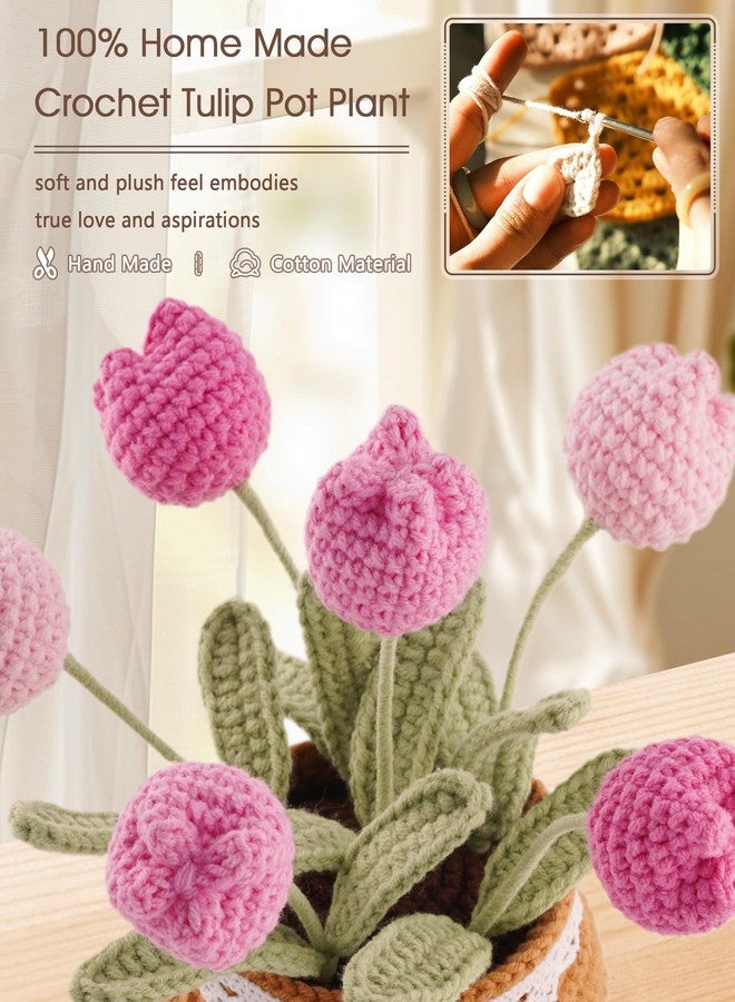 FONYICK Thank You Gifts for Teachers Crochet Tulips Flower Pot - Handmade Large Crochet Flowers for Women, Graduation End of Year Appreciation Gifts, Positive Tulip Flower Gift for Boss Manager, Pink - Image 2