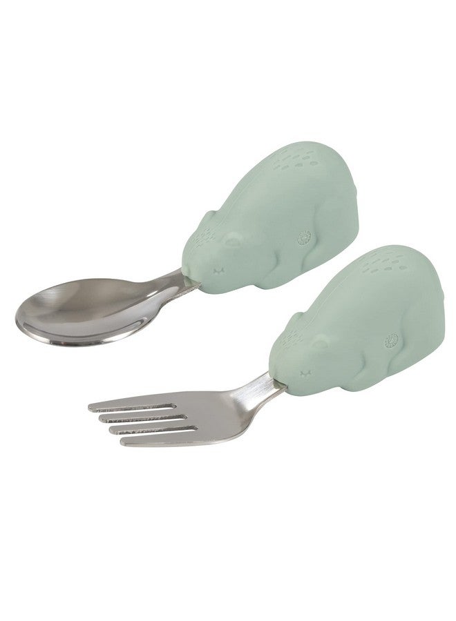 Tiny Twinkle Easy Grip Toddler Utensils Spoon and Fork Set - BPA & Phthalate Free Utensil Sets, Kids Silverware With Silicone Handle, Baby Led Weaning Supplies for 12 Months & Up (Sage Bear)