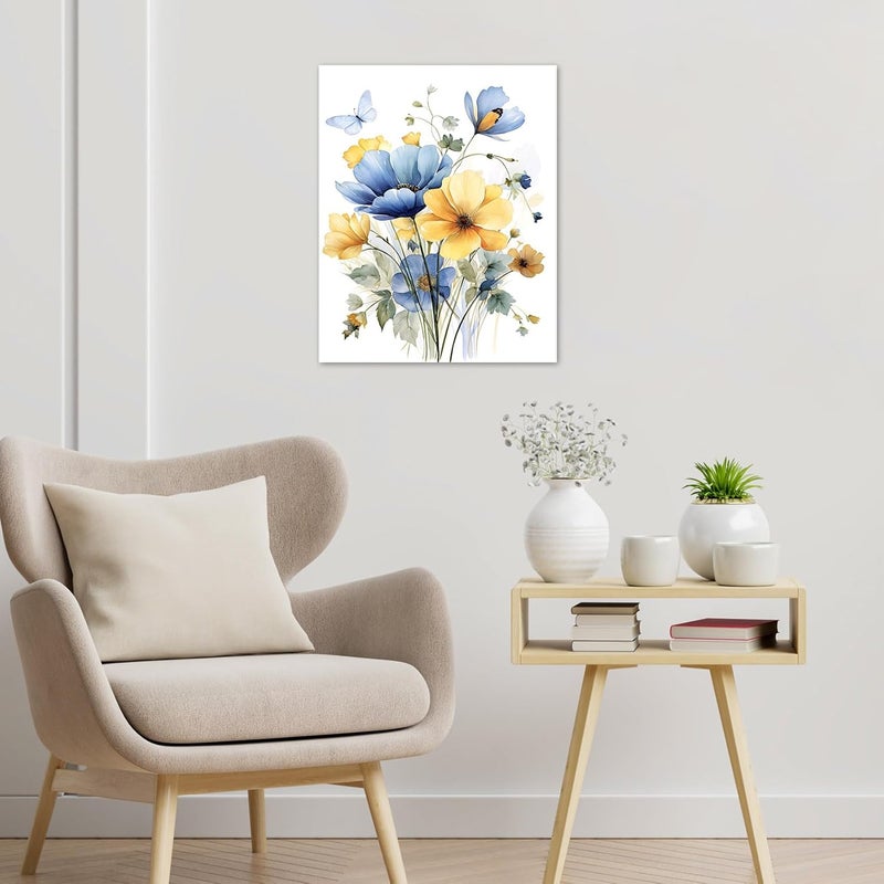 HVEST Vintage Wildflower Wall Art Blue and Yellow Flower and Leaves butterfly Abstract Painting Watercolor Plant Wall Art for Bathroom Living Room Bedroom Kitchen Decor Ready to Hang, 20Lx16W Inches - Image 5