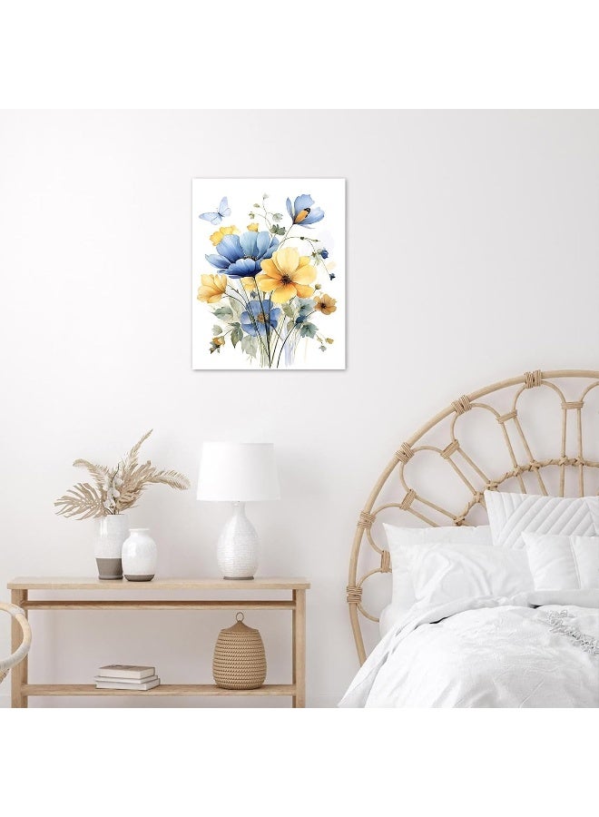 HVEST Vintage Wildflower Wall Art Blue and Yellow Flower and Leaves butterfly Abstract Painting Watercolor Plant Wall Art for Bathroom Living Room Bedroom Kitchen Decor Ready to Hang, 20Lx16W Inches - Image 2