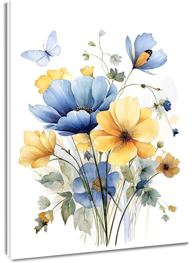 HVEST Vintage Wildflower Wall Art Blue and Yellow Flower and Leaves butterfly Abstract Painting Watercolor Plant Wall Art for Bathroom Living Room Bedroom Kitchen Decor Ready to Hang, 20Lx16W Inches - Image 1