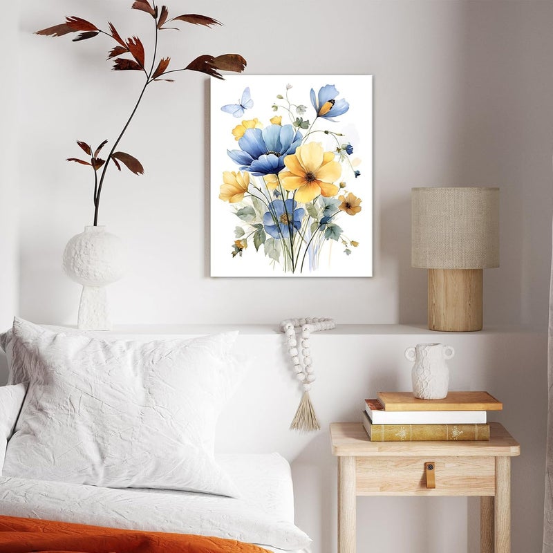 HVEST Vintage Wildflower Wall Art Blue and Yellow Flower and Leaves butterfly Abstract Painting Watercolor Plant Wall Art for Bathroom Living Room Bedroom Kitchen Decor Ready to Hang, 20Lx16W Inches - Image 3