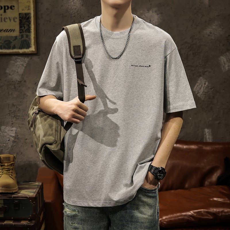 Boys Summer Thin Simple Mountain Heavy Cotton Short-Sleeved T-Shirt Men'S Grey Base Shirt Top - Image 3