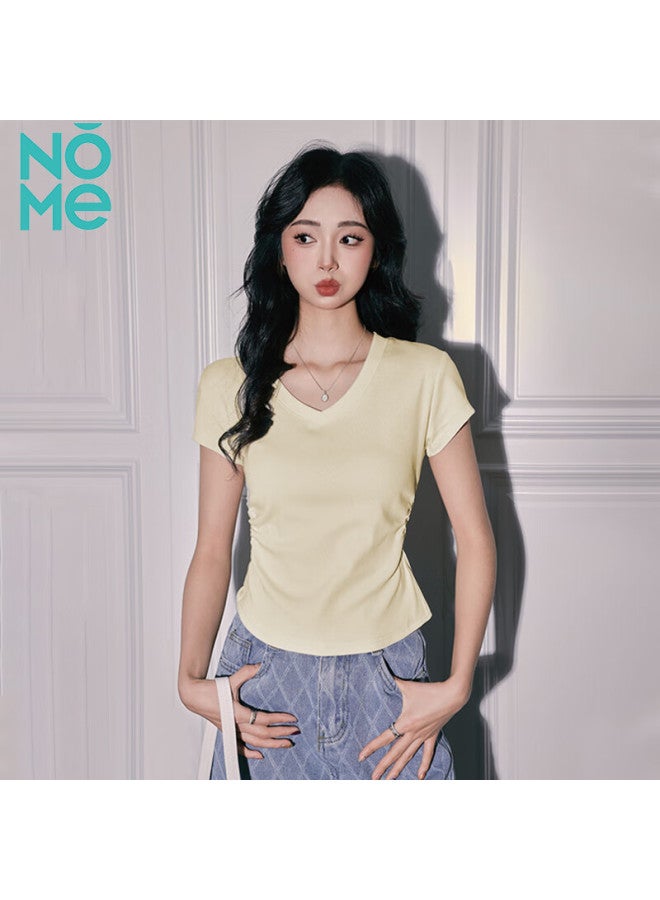 Nome Women's Summer New V-neck Short Sleeve T-shirt With Pleated Waist And Slim Fit Cream Yellow 2XL - Image 1