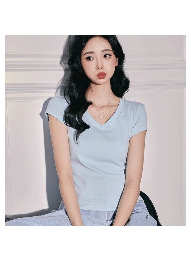 Nome Women's Summer New V-neck Short Sleeve T-shirt With Pleated Waist And Slim Fit Cream Yellow 2XL - Image 3