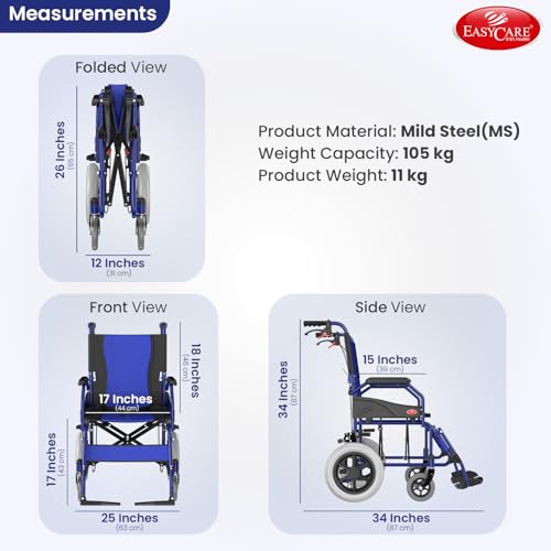 EASYCARE® Imported MS 11kg Ultra Lightweight Transporter Wheelchair with Hand Brake, Attendant Break & Quick Lock, Seat Belt, Foldable Backrest, Flip-Up Leg Rest, 105kg Capacity (12 Inches) - Image 3