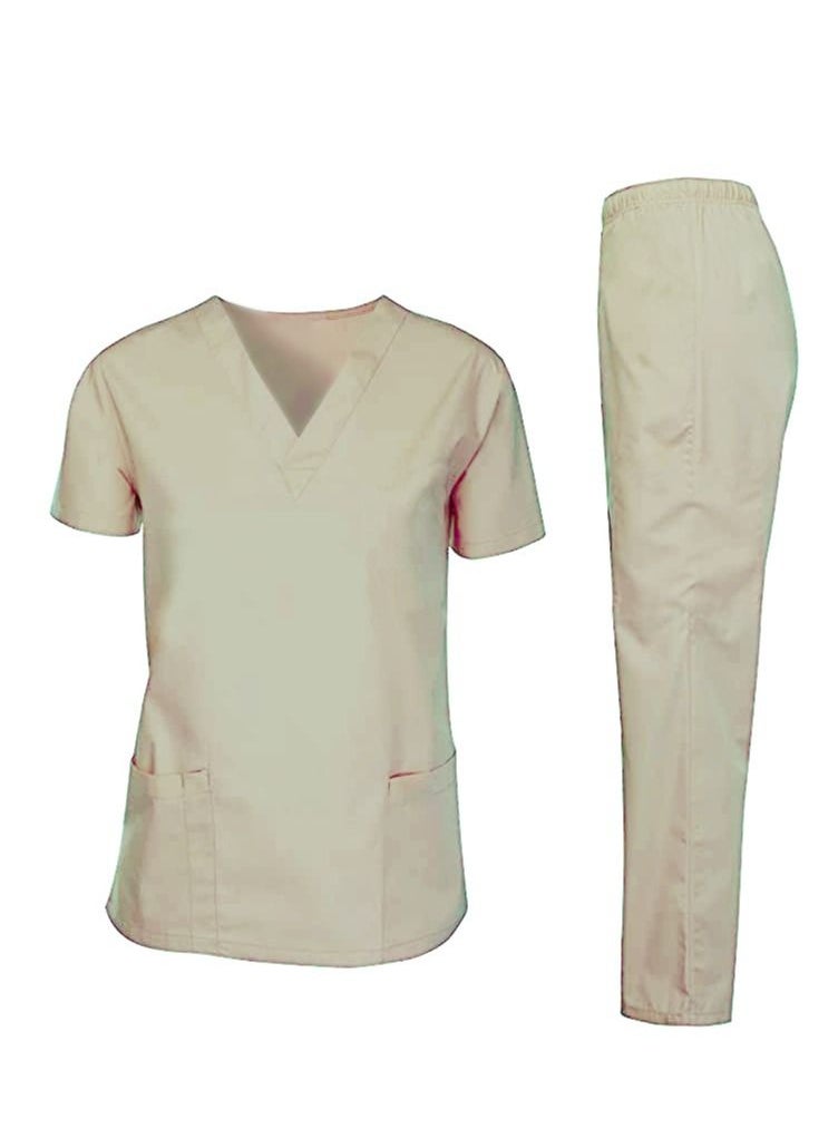 Rannah's Closet Scrubs Medical Uniform Unisex Top and Pants Beige Nurse Suit Set 