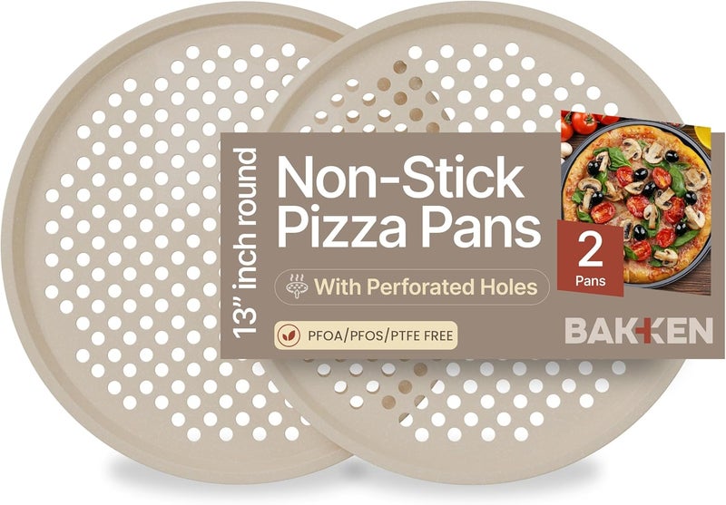 BAKKENMASTER Bakken Pizza Baking Pan - Round Perforated Carbon Steel Pan with Non-Stick Marble Coating, Oversized Silicone Handle, Dishwasher Safe, High-Temperature Resistant, Durable & Easy Cleanup White, 2 Pack - Image 1