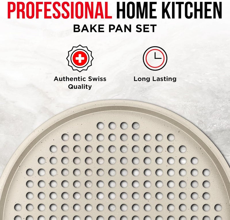 BAKKENMASTER Bakken Pizza Baking Pan - Round Perforated Carbon Steel Pan with Non-Stick Marble Coating, Oversized Silicone Handle, Dishwasher Safe, High-Temperature Resistant, Durable & Easy Cleanup White, 2 Pack - Image 3