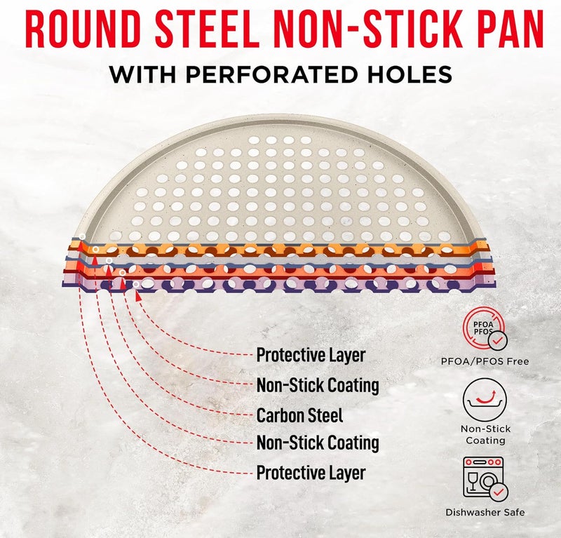 BAKKENMASTER Bakken Pizza Baking Pan - Round Perforated Carbon Steel Pan with Non-Stick Marble Coating, Oversized Silicone Handle, Dishwasher Safe, High-Temperature Resistant, Durable & Easy Cleanup White, 2 Pack - Image 5