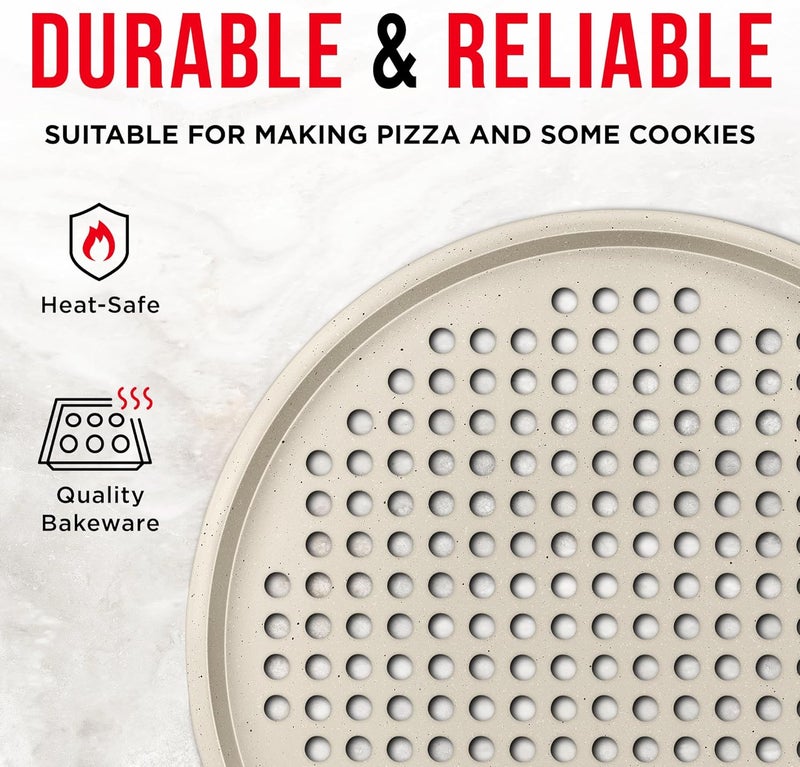 BAKKENMASTER Bakken Pizza Baking Pan - Round Perforated Carbon Steel Pan with Non-Stick Marble Coating, Oversized Silicone Handle, Dishwasher Safe, High-Temperature Resistant, Durable & Easy Cleanup White, 2 Pack - Image 4