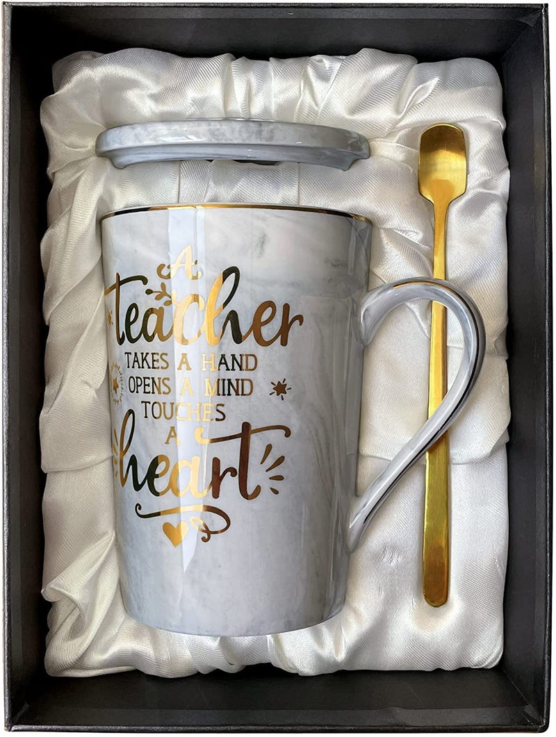 Doublewhale Teacher Gifts Thank You Teacher Gifts 14oz Grey Ceramic Coffee Mug Best Teacher Gifts on Birthday Teachers Day Teacher Leaving Gifts with Gift Box Golden Spoon Greeting Card